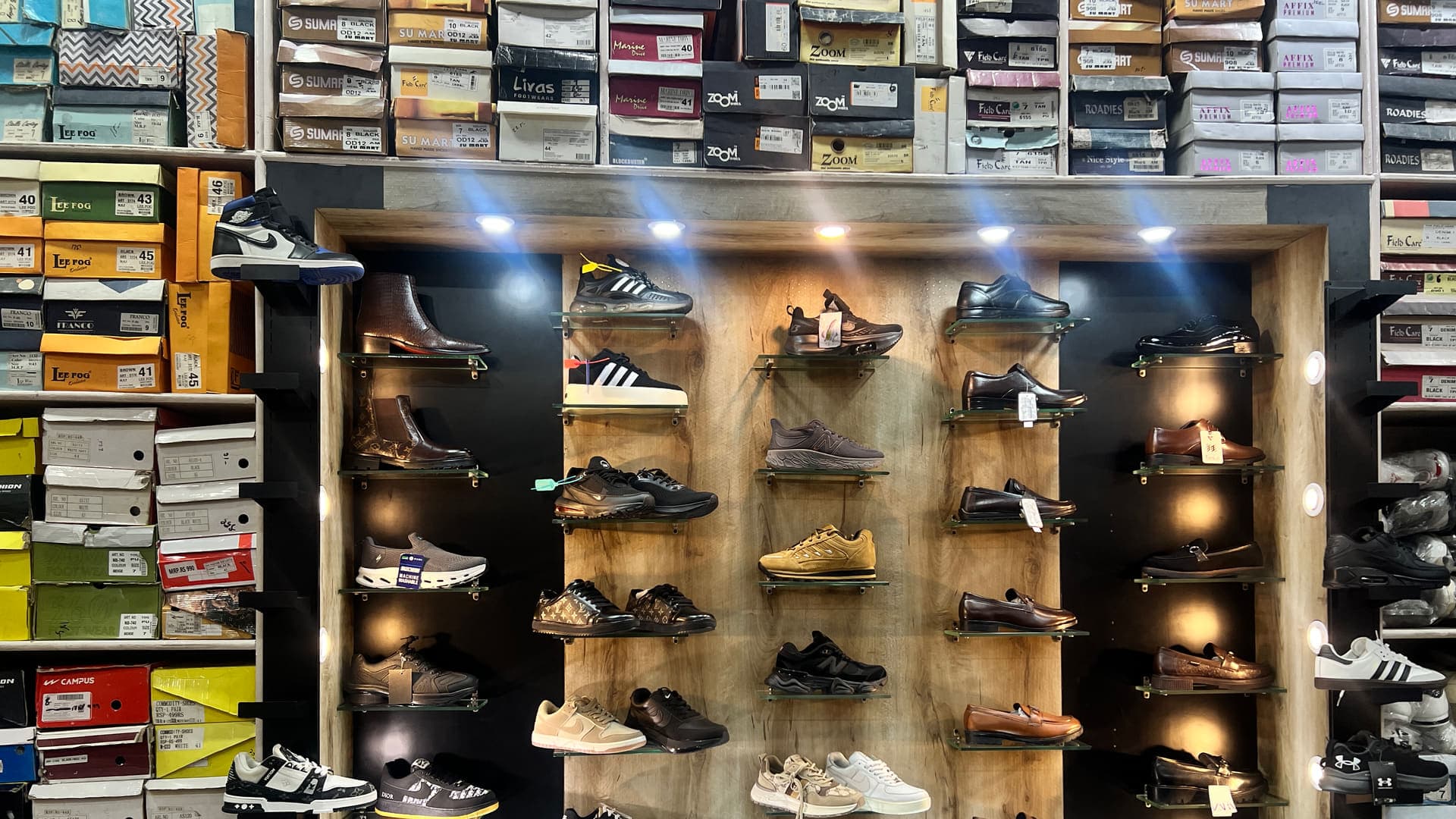 Display wall of running, training and casual sports shoes