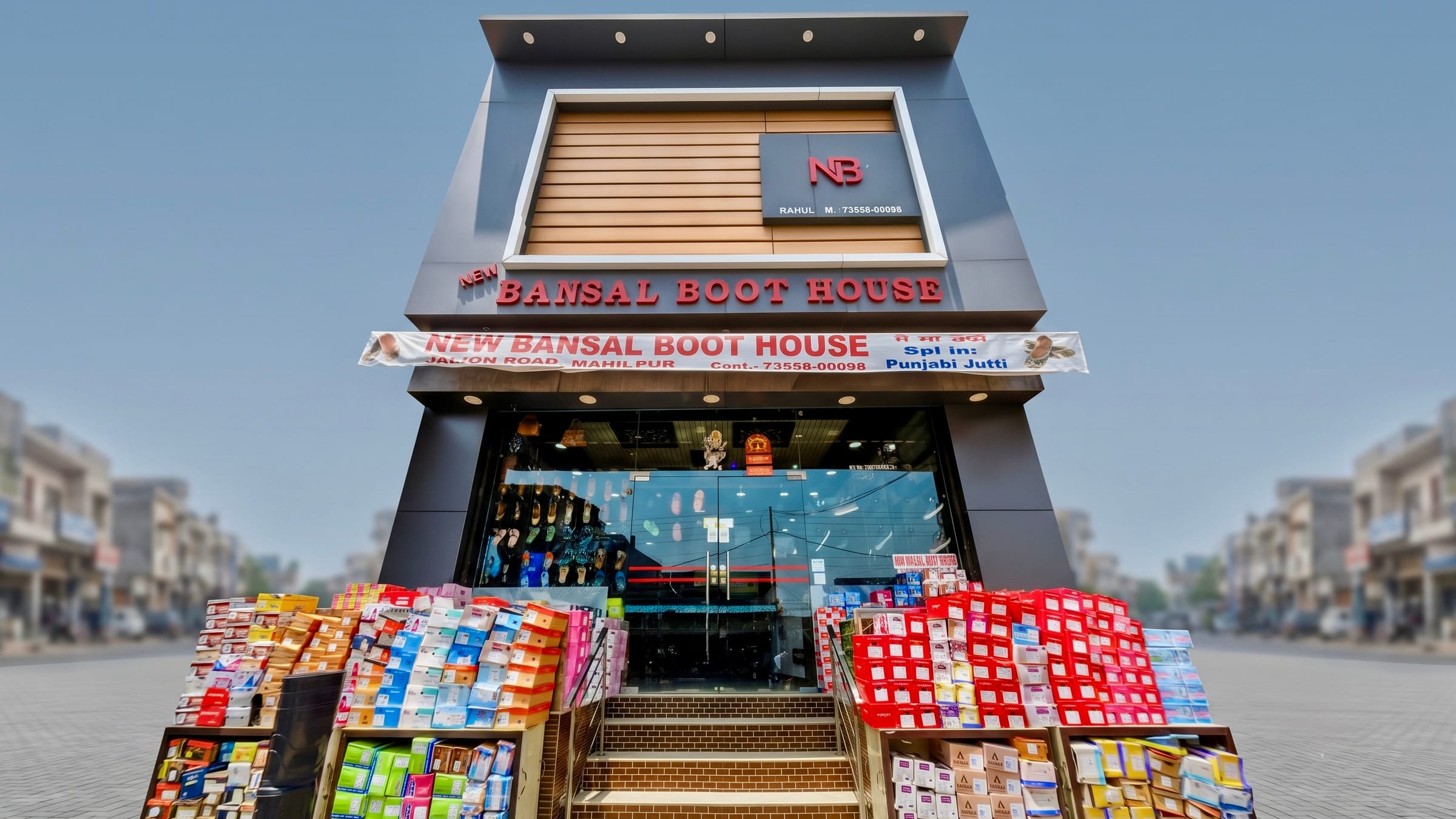 The New Bansal Boot House shopfront on Jaijon Road, Mahilpur